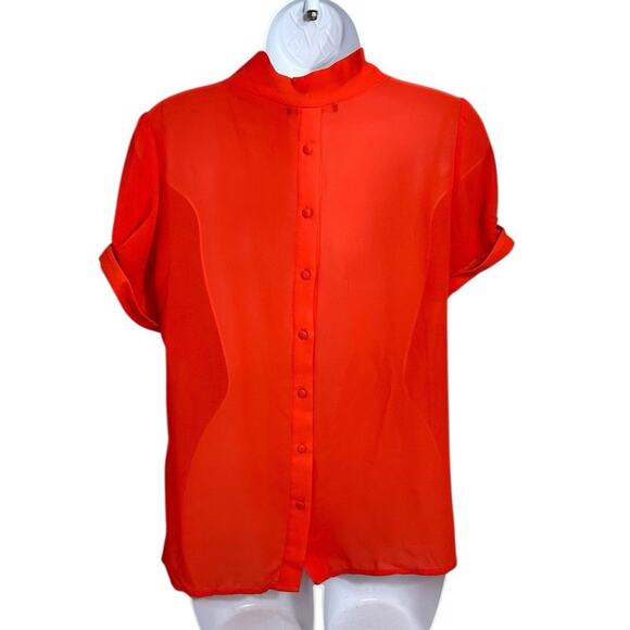 C. luce Orange V-Neck Chiffon Blouse Sz M Neck Tie Button Back Top Semi Sheer - Picture 6 of 7